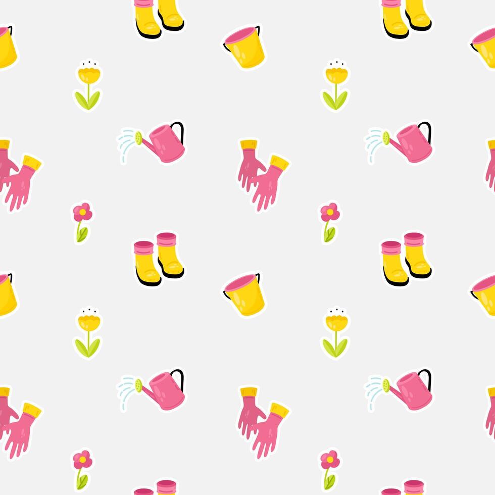 Seamless pattern with watering can, rubber gloves and flowers. vector