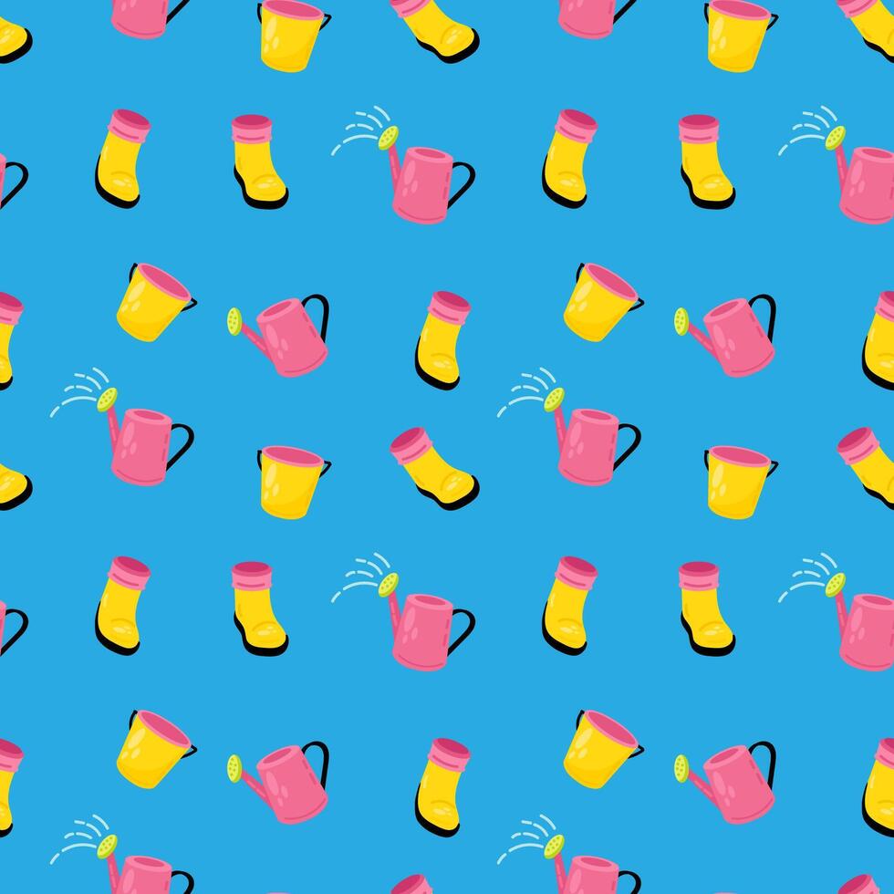 Gardening seamless pattern with rubber boots and watering can vector