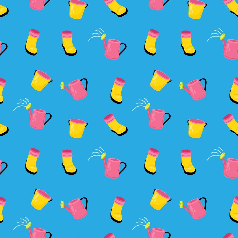 Gardening seamless pattern with rubber boots and watering can vector