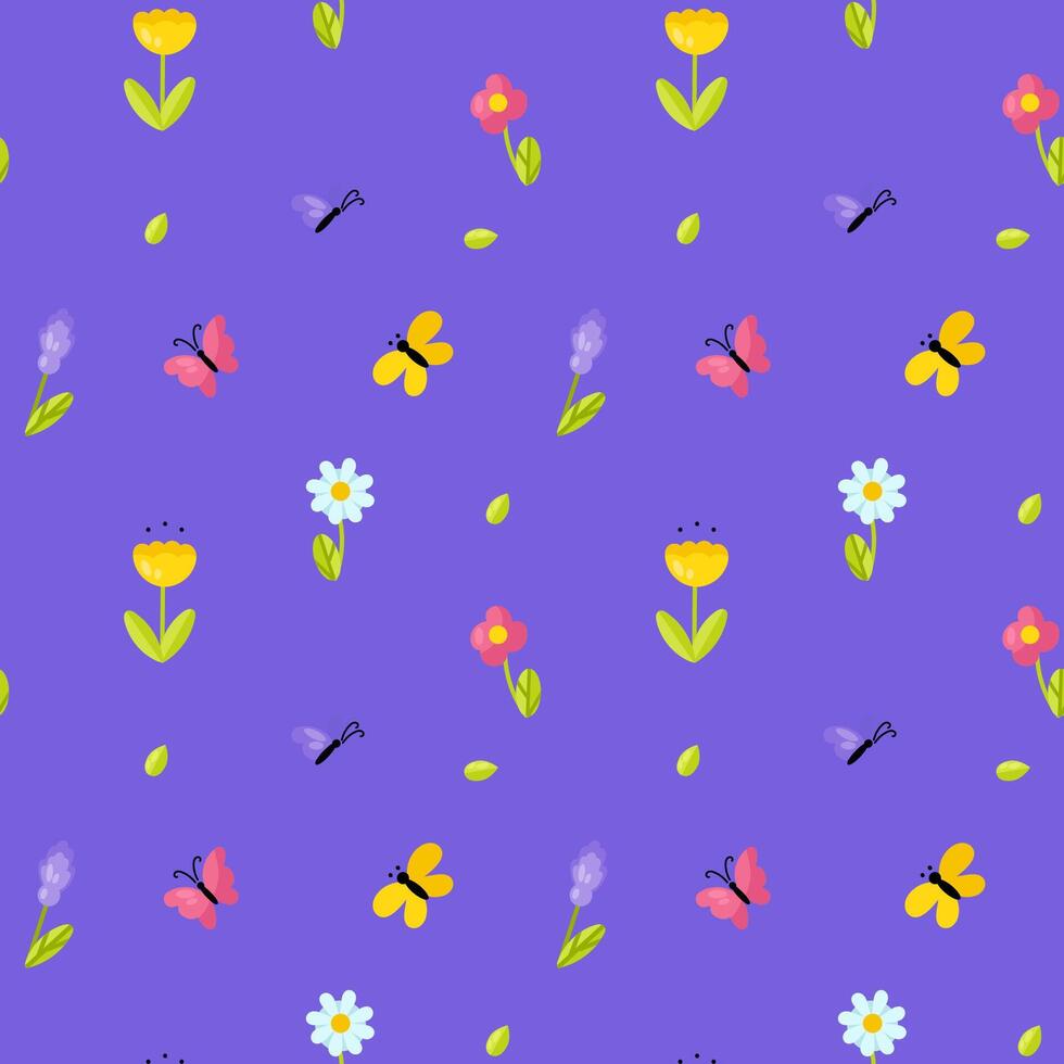 Seamless pattern with flowers and butterfly vector