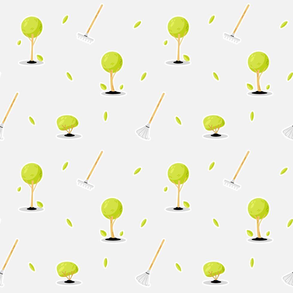 Seamless pattern with green trees and garden tools on gray background vector