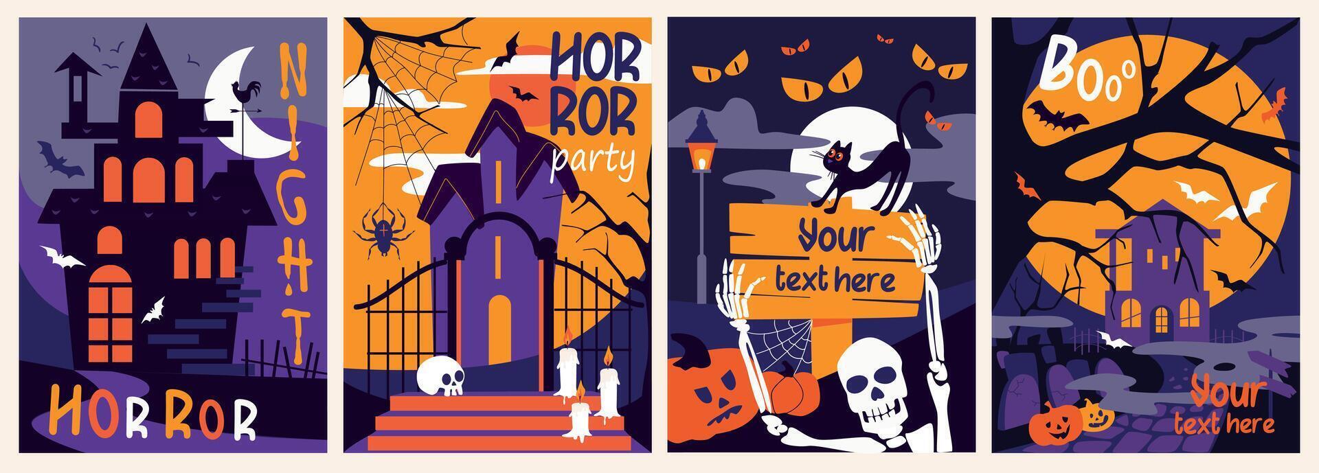 Halloween holiday cover brochure set in trendy flat design. Poster templates with night horror party symbols, old houses, flying bats, web with spiders, skeletons and pumpkins. Vector illustration.
