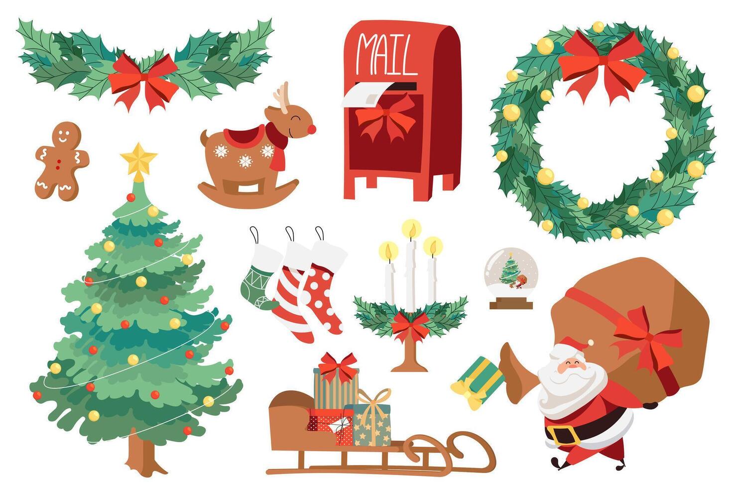 New Year mega set elements in flat design. Bundle of festive fir tree, holly wreath with bows, cookie, reindeer, mailbox, garland, Santa Clause with gifts. Vector illustration isolated graphic objects