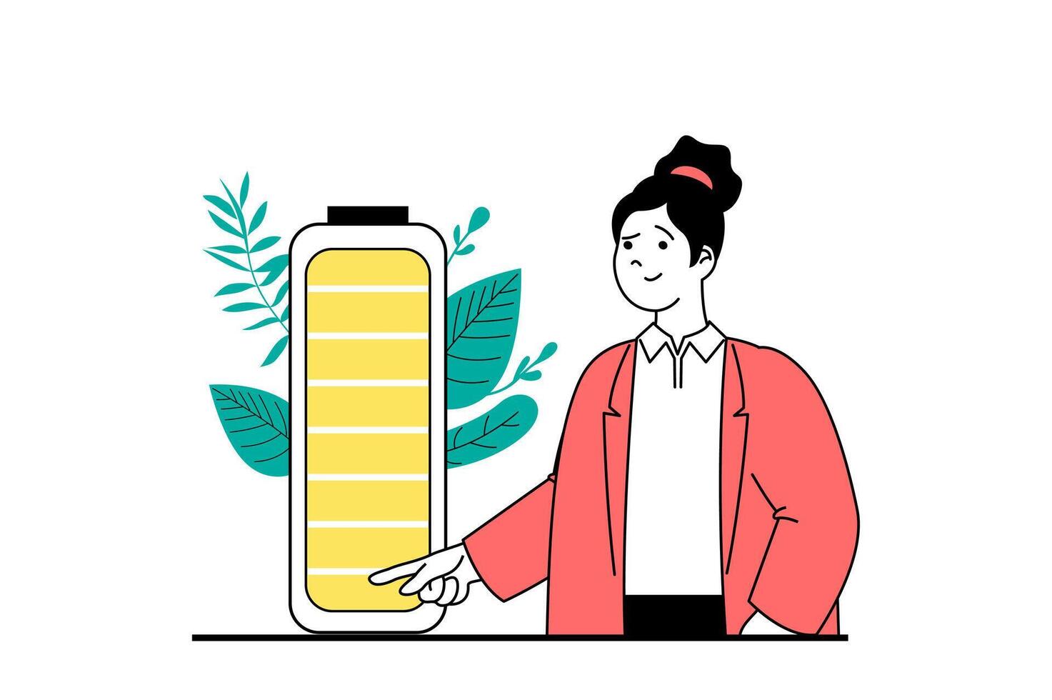 Green energy concept with people scene in flat web design. Woman recharging battery, smart uses charge and saves nature and plants. Vector illustration for social media banner, marketing material.