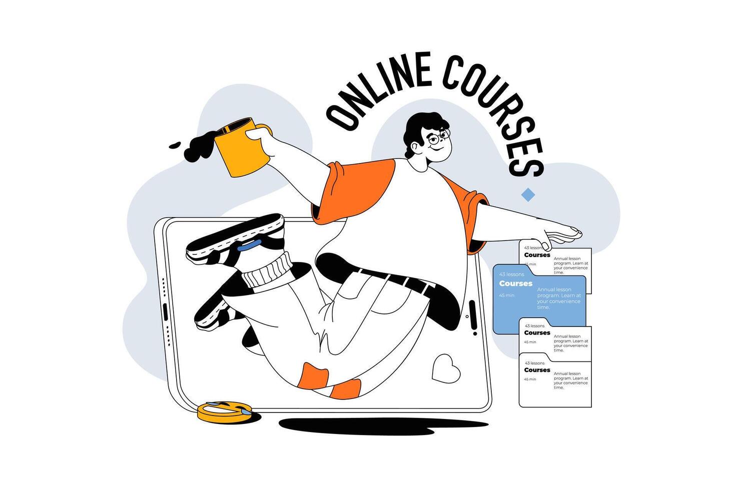 Online courses concept with people scene in flat line design for web. Man learning at educational platform with tutorials and lectures. Vector illustration for social media banner, marketing material.