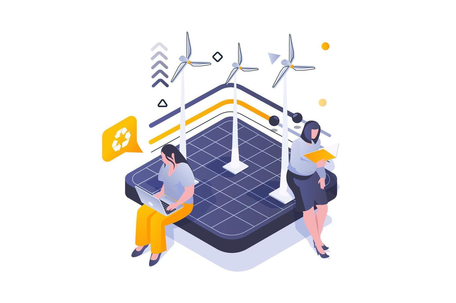Eco lifestyle concept in 3d isometric design. Wind turbines station for energy generation and using renewable alternative sources. Vector illustration with isometric people scene for web graphic