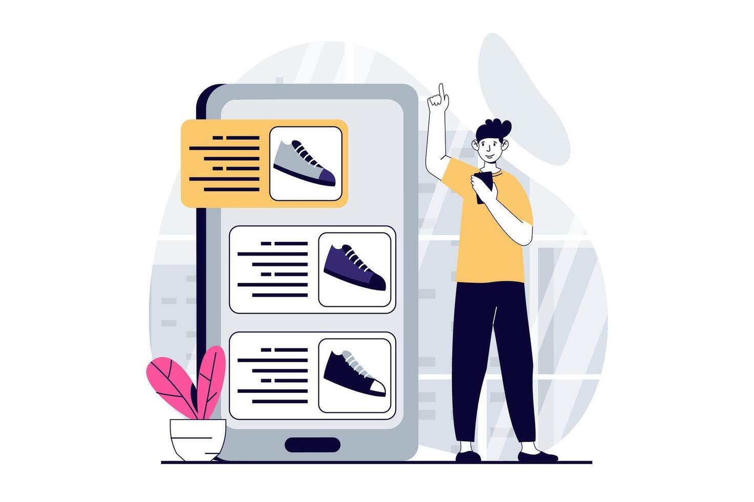 Mobile commerce concept with people scene in flat design for web. Man choosing shoes in assortment of online store and making order. Vector illustration for social media banner, marketing material.