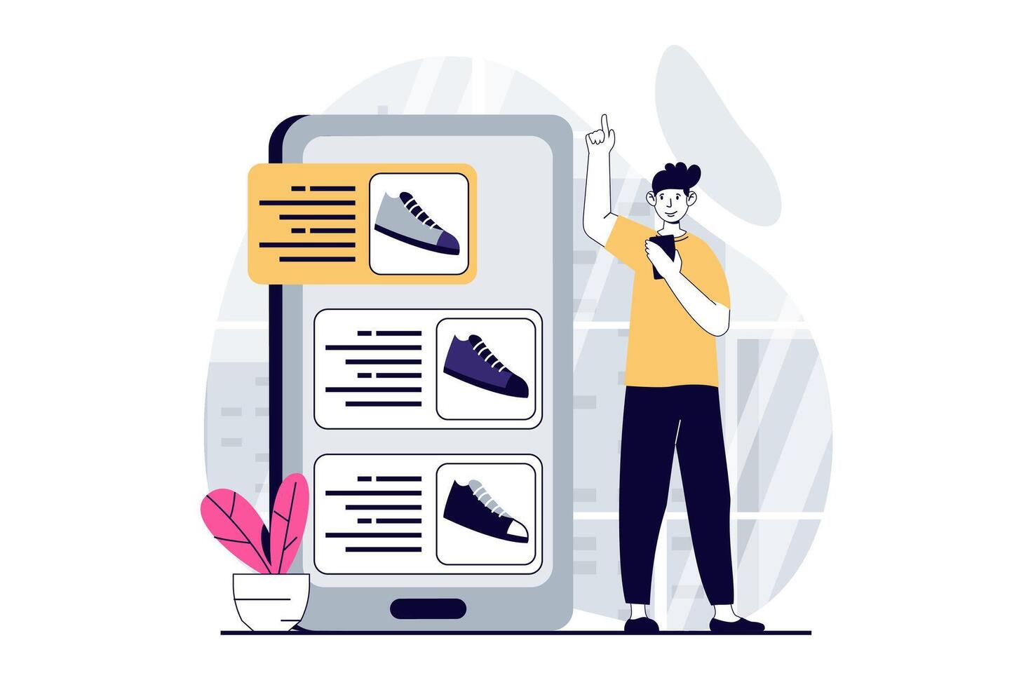 móvil comercio concepto con personas escena en plano diseño para web. hombre elegir Zapatos en surtido de en línea Tienda y haciendo orden. vector ilustración para social medios de comunicación bandera, márketing material.