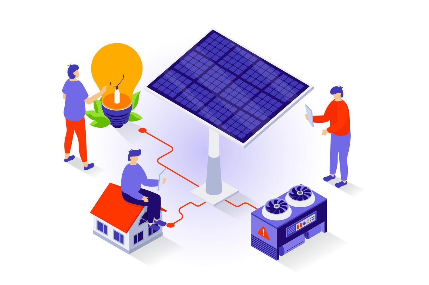 Eco lifestyle concept in 3d isometric design. People use solar panels to generate green electricity for smart homes and electric light bulbs. Vector illustration with isometry scene for web graphic