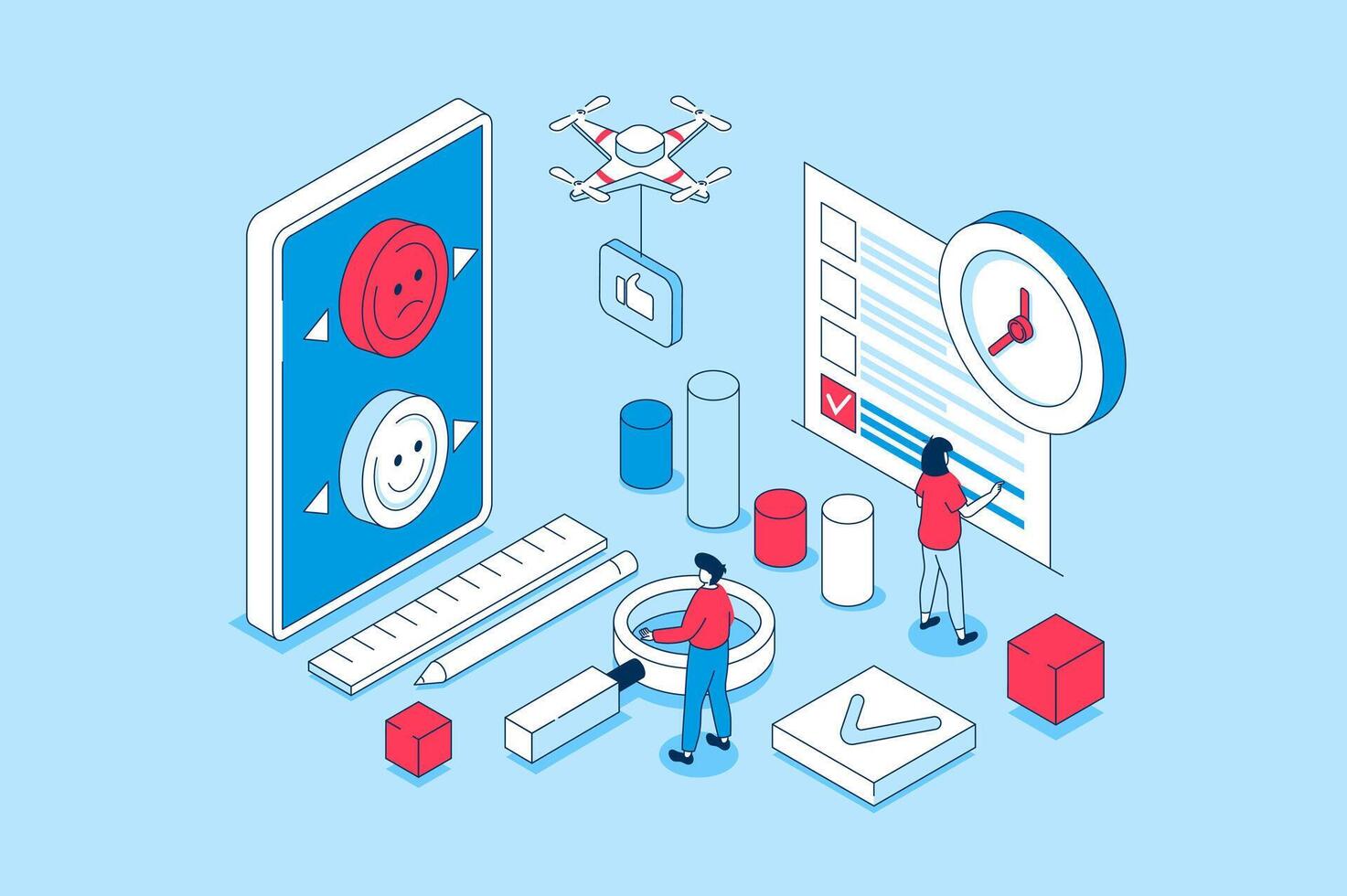 Survey concept in 3d isometric design. People answering in questionnaire form, giving client feedback, choosing and marking in exam checklist. Vector illustration with isometry scene for web graphic