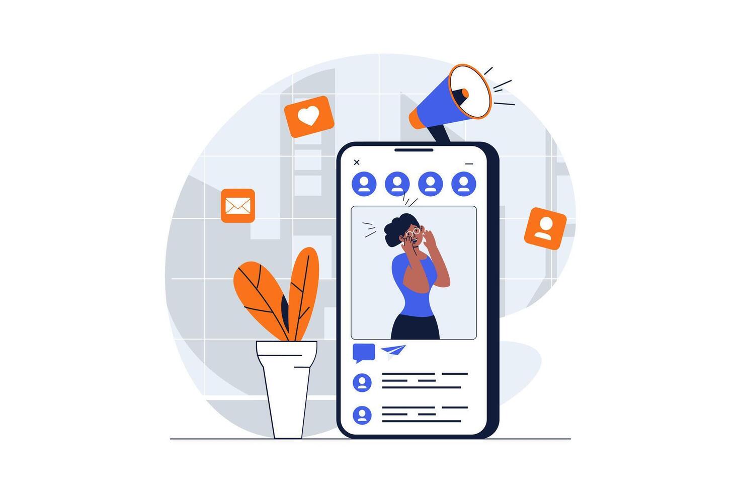 Social media marketing web concept with character scene. Woman making advertising promotion with new posts. People situation in flat design. Vector illustration for social media marketing material.