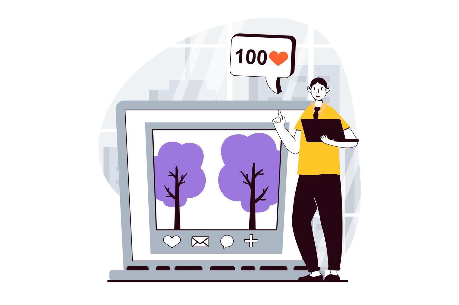 Social network concept with people scene in flat design for web. Man making post with image in online blog and collecting many likes. Vector illustration for social media banner, marketing material.