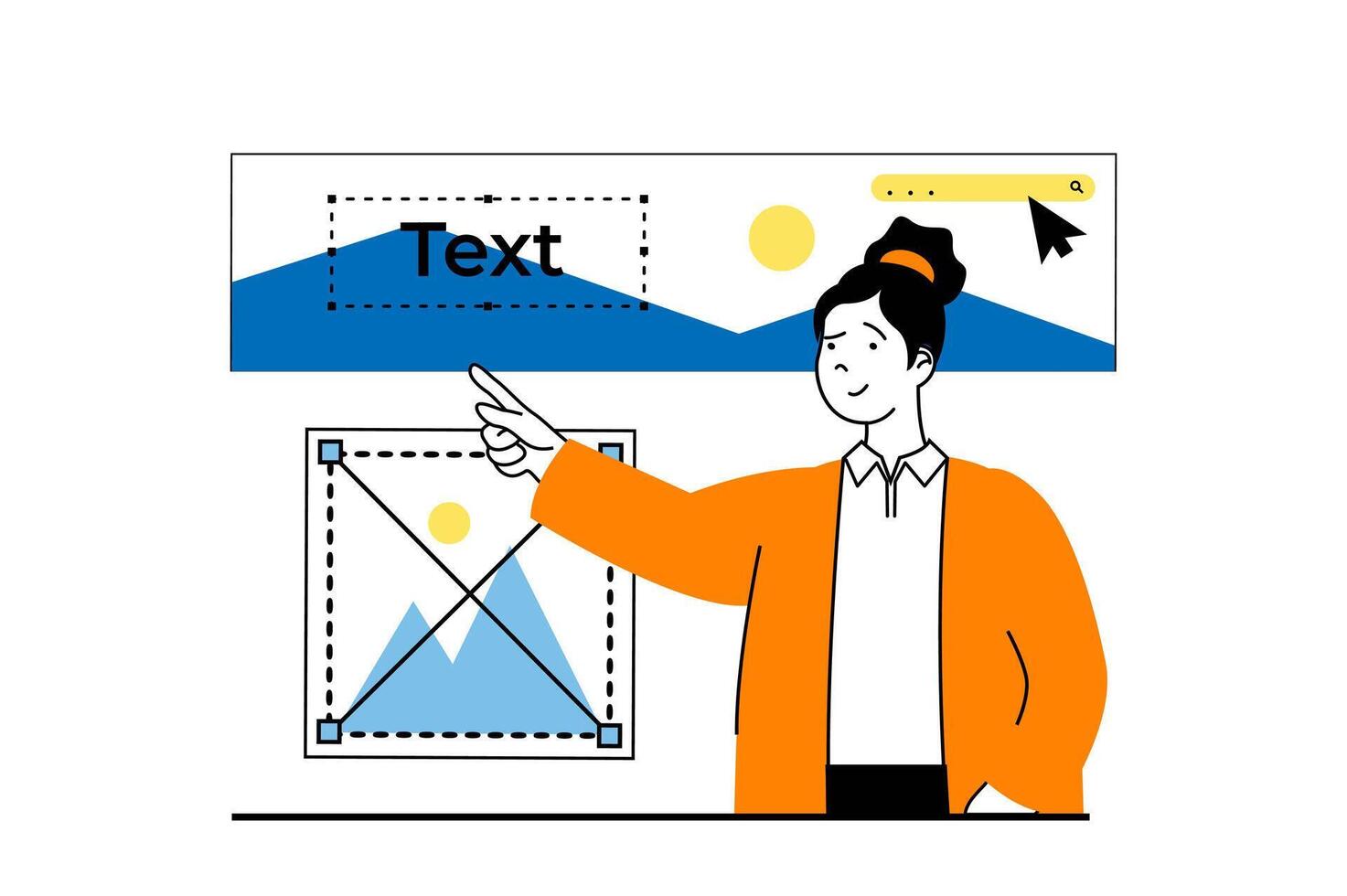 Designer agency concept with people scene in flat web design. Woman creates ui ux template webpage in trendy style and placing content. Vector illustration for social media banner, marketing material.