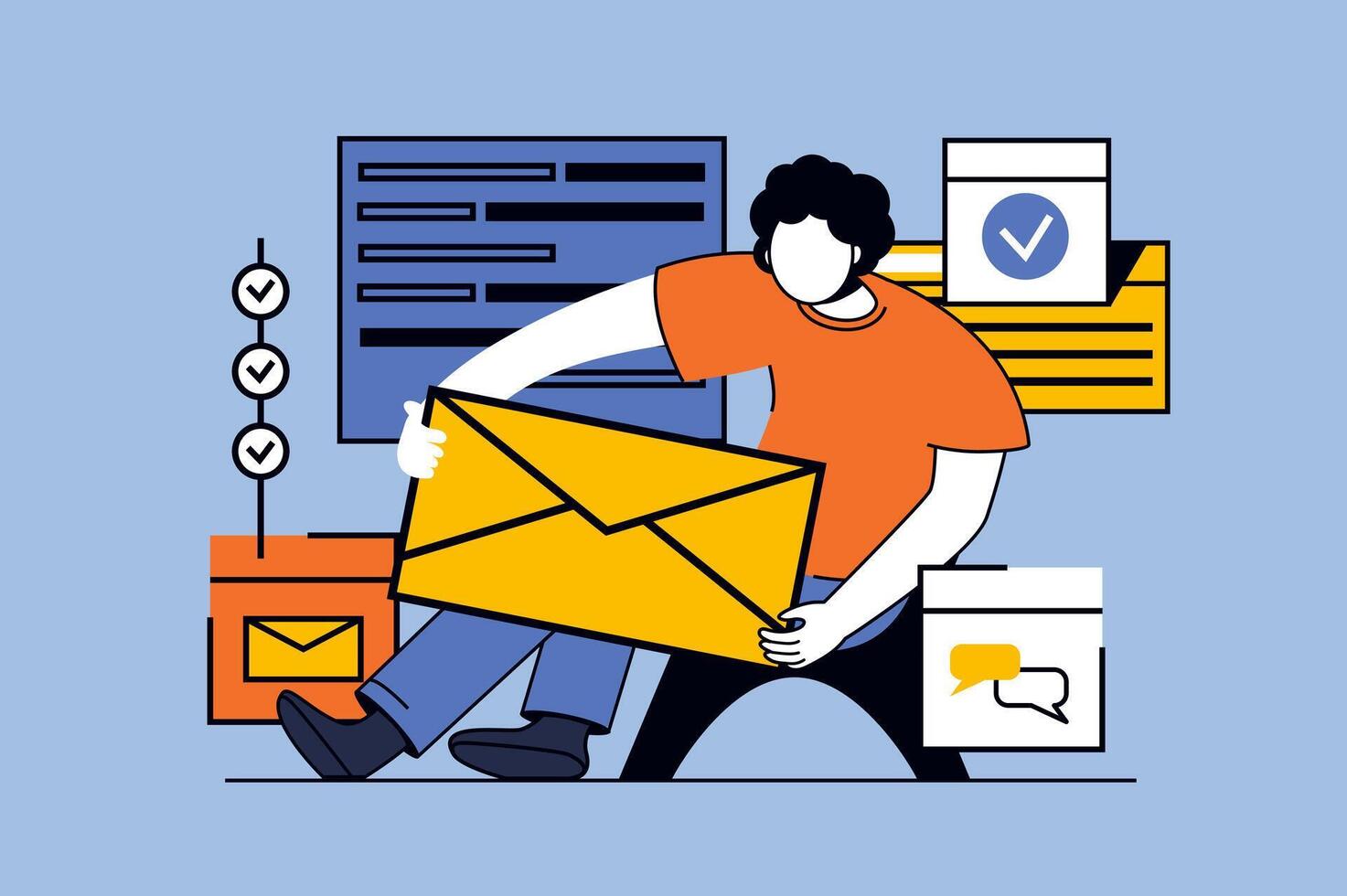 Email service concept with people scene in flat design for web. Man making newsletters, sending letters and communicating online. Vector illustration for social media banner, marketing material.