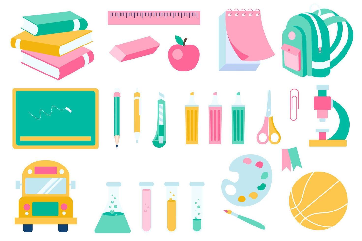 School supply mega set elements in flat design. Bundle of books, ruler, apple, schoolbag, blackboard, stationery, microscope, test tubes, ball and other. Vector illustration isolated graphic objects