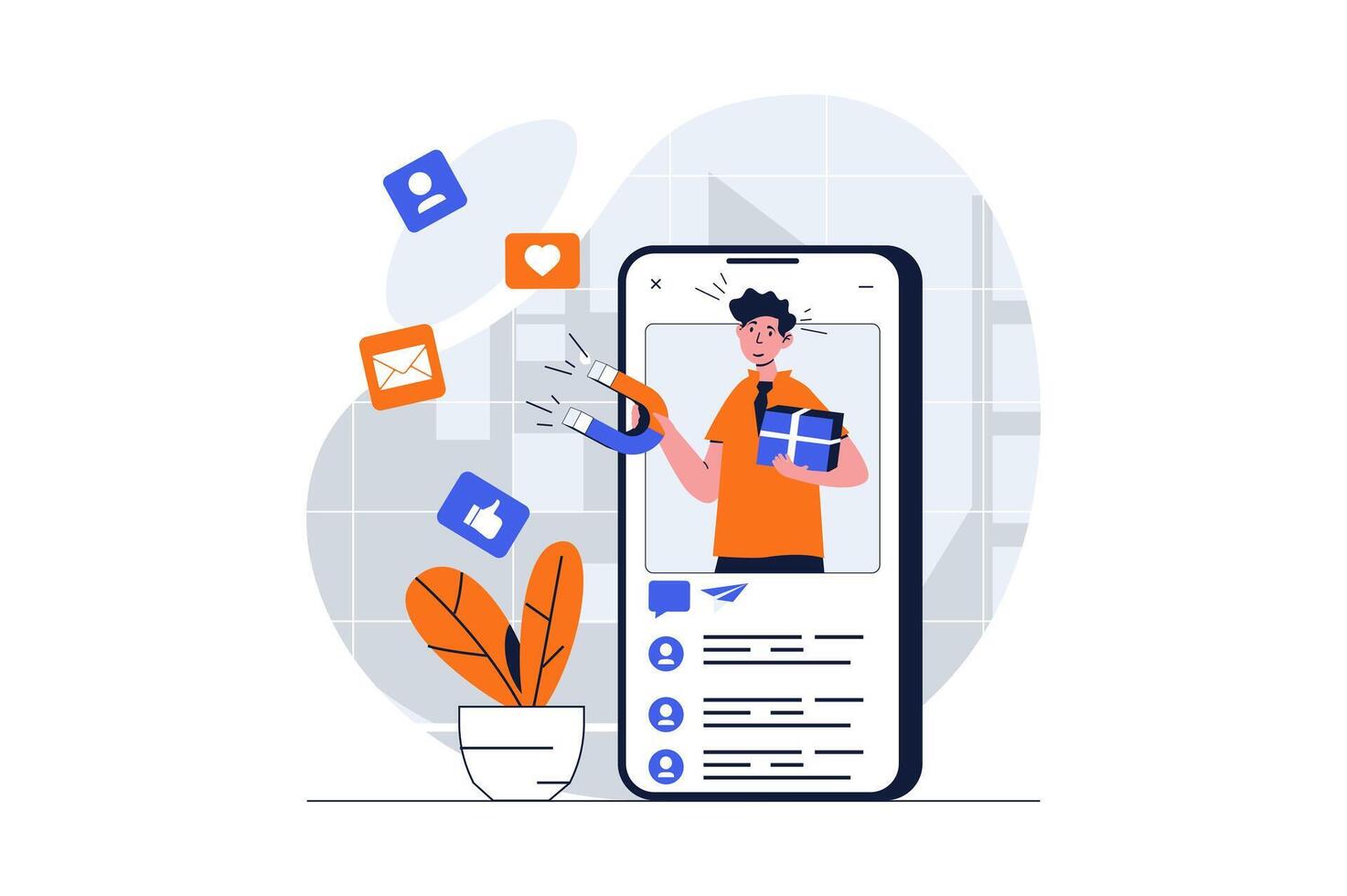 Social media marketing web concept with character scene. Man attracting audience with magnet content in blog. People situation in flat design. Vector illustration for social media marketing material.