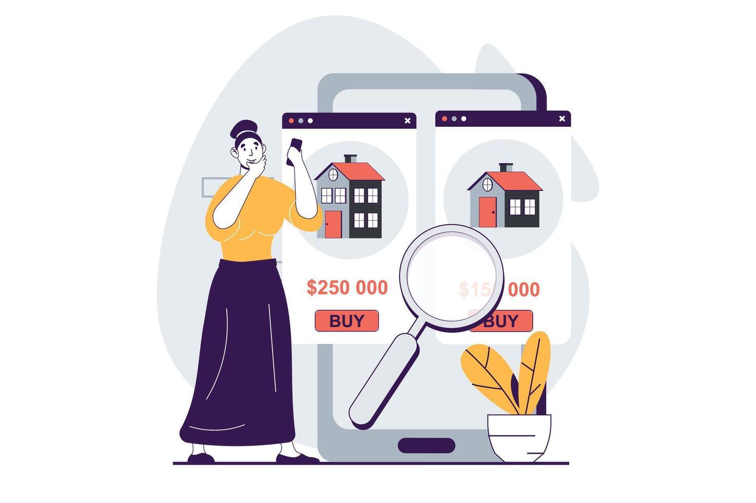 Real estate concept with people scene in flat design for web. Woman searching houses and selecting with bargain price at webpage. Vector illustration for social media banner, marketing material.
