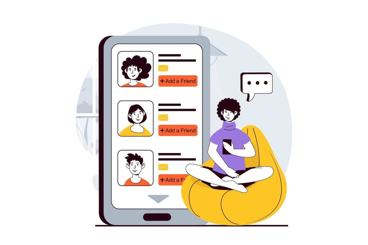 Social network concept with people scene in flat design for web. Man searching and adds new friends to contact list in online profile. Vector illustration for social media banner, marketing material.