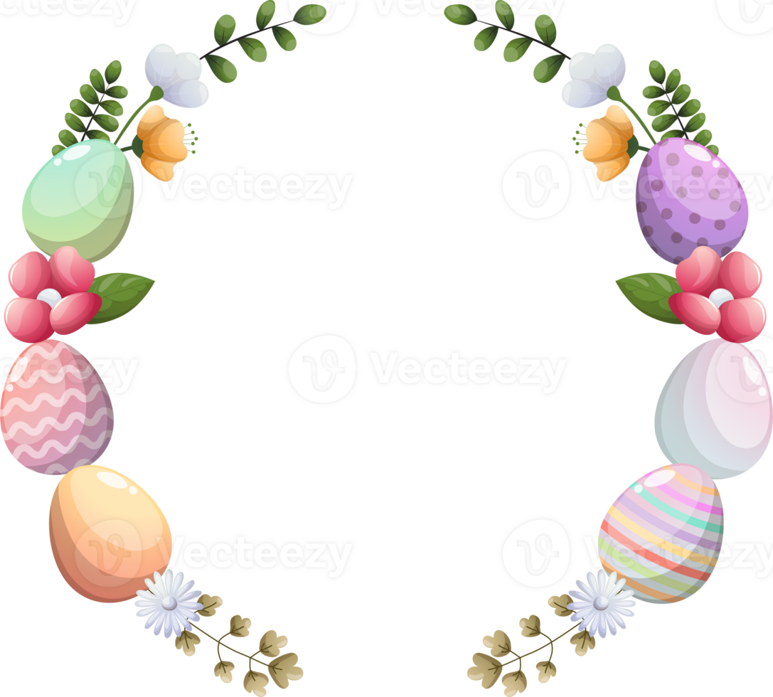 Easter wreath with flowers and eggs for greeting card png