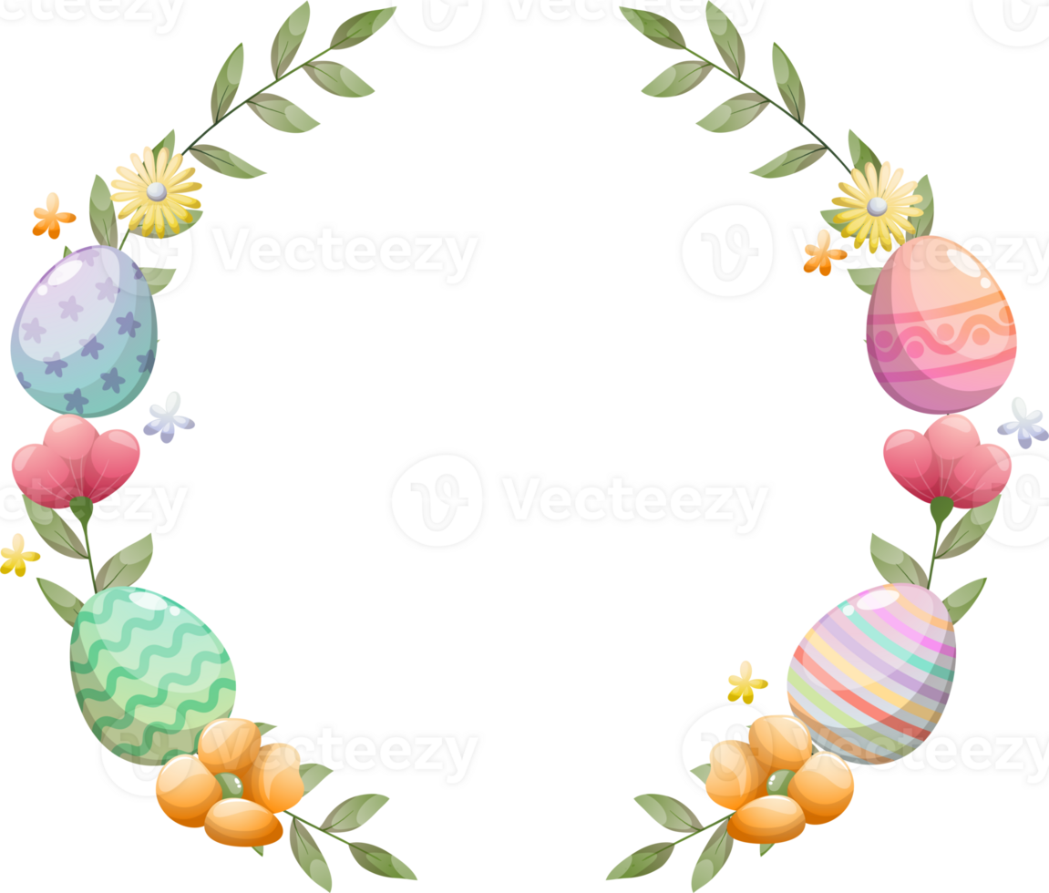 Easter wreath with flowers and eggs for greeting card png