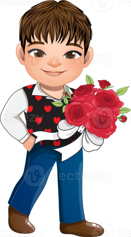 Cute Boy holding Bouquet of roses cartoon character png