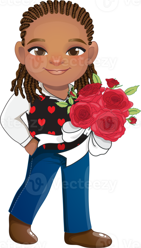 Cute Boy holding Bouquet of roses cartoon character png