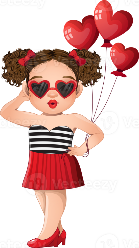 Cute Girls wearing Heart Glasses holding Heart Balloon Cartoon Character png