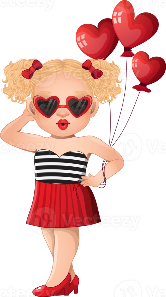 Cute Girls wearing Heart Glasses holding Heart Balloon Cartoon Character png