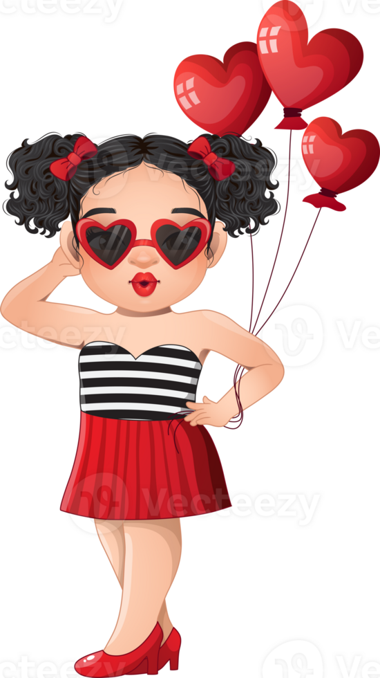 Cute Girls wearing Heart Glasses holding Heart Balloon Cartoon Character png