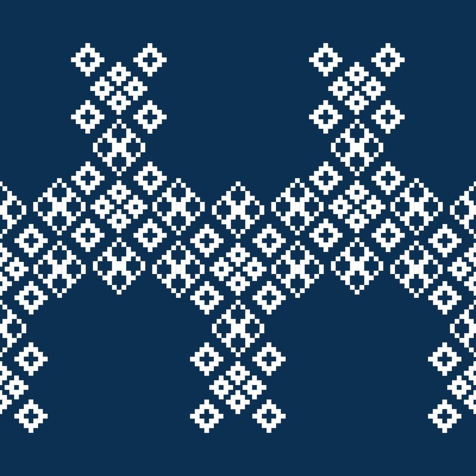 Traditional ethnic motifs ikat geometric fabric pattern cross stitch.Ikat embroidery Ethnic oriental Pixel navy blue background. Abstract,vector,illustration. Texture,scarf,decoration,wallpaper. vector