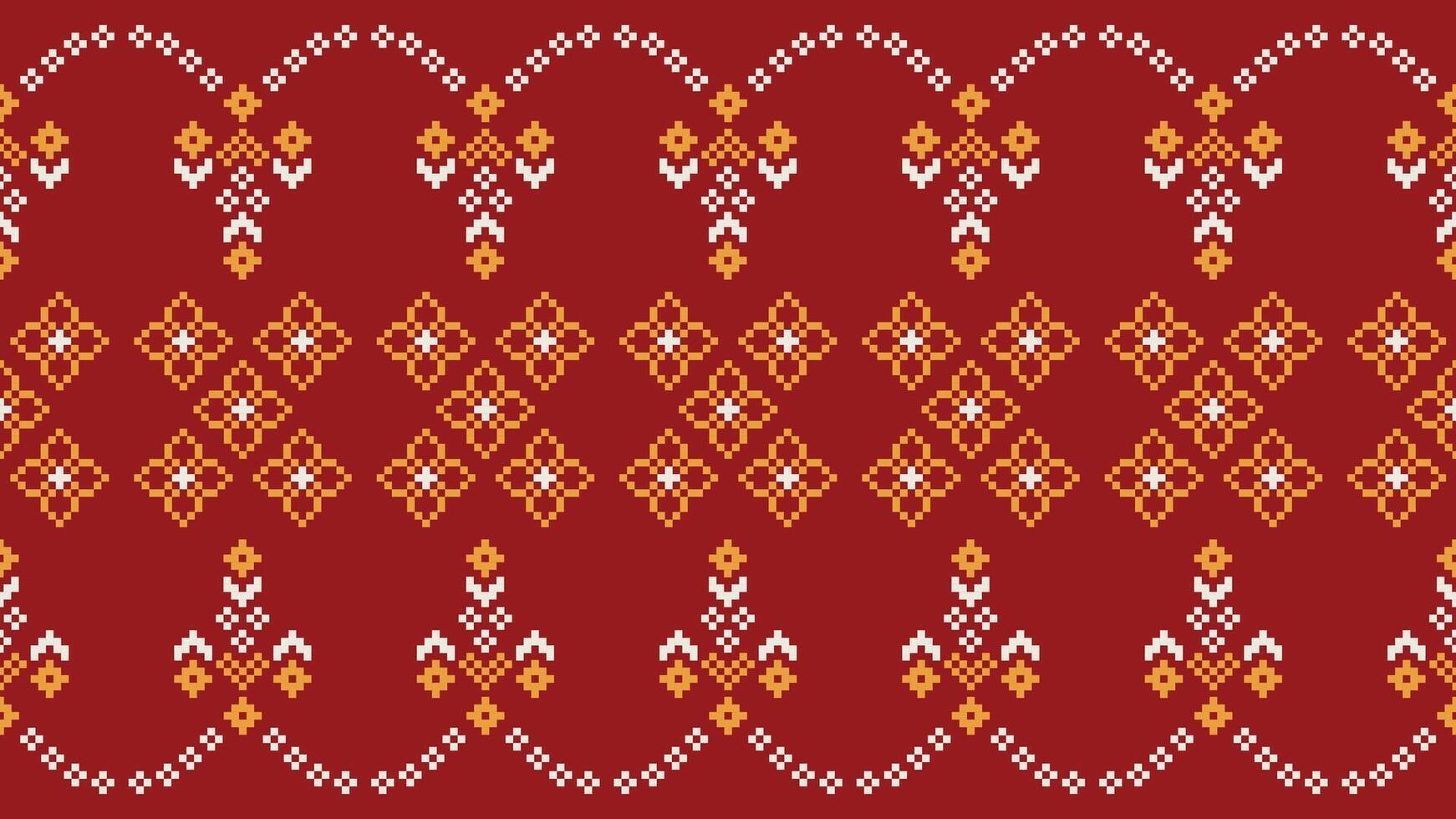 Traditional ethnic motifs ikat geometric fabric pattern cross stitch.Ikat embroidery Ethnic oriental Pixel red background. Abstract,vector,illustration. Texture,christmas,decoration,wallpaper. vector