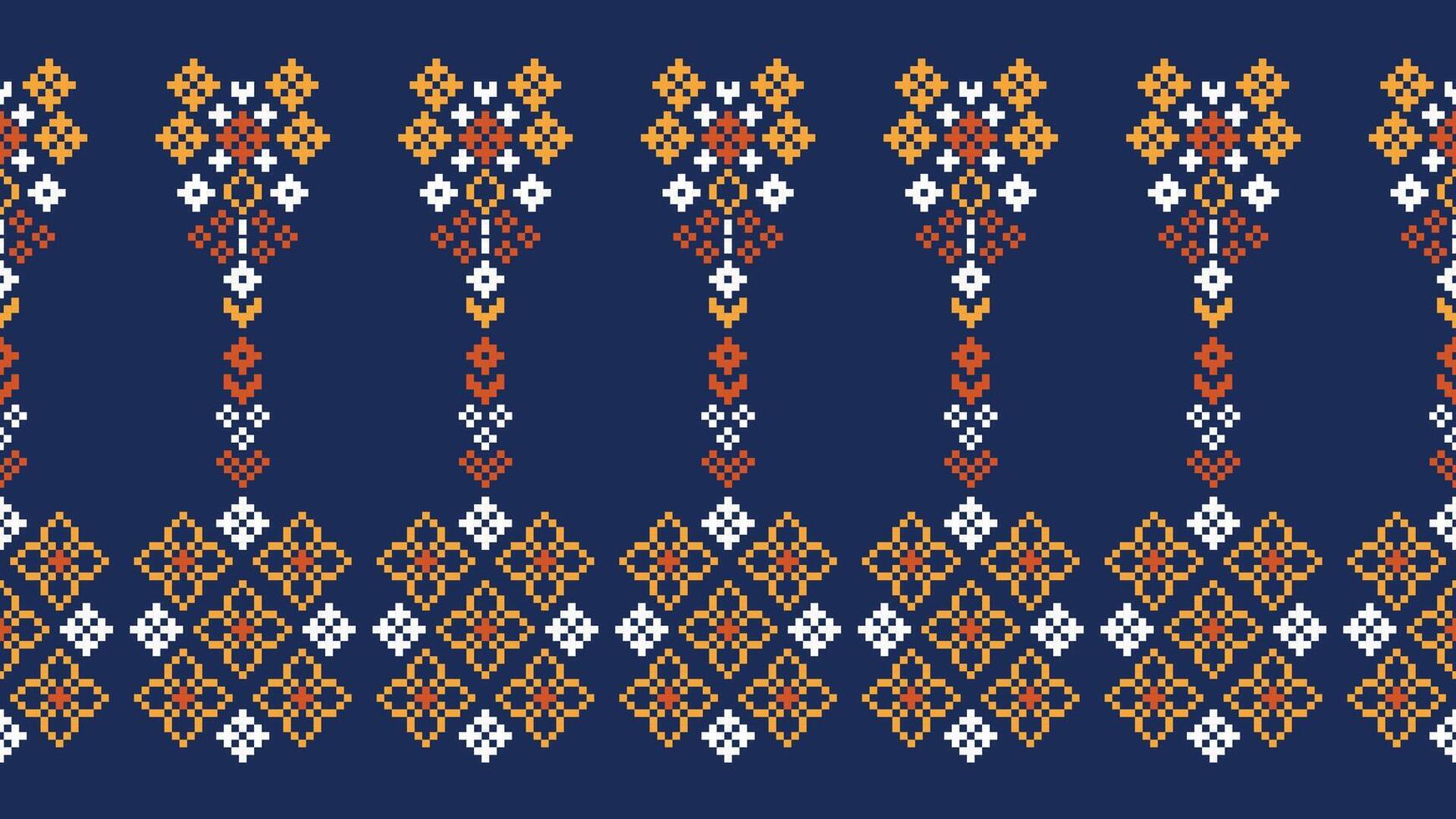 Traditional ethnic motifs ikat geometric fabric pattern cross stitch.Ikat embroidery Ethnic oriental Pixel navy blue background. Abstract,vector,illustration. Texture,scarf,decoration,wallpaper. vector