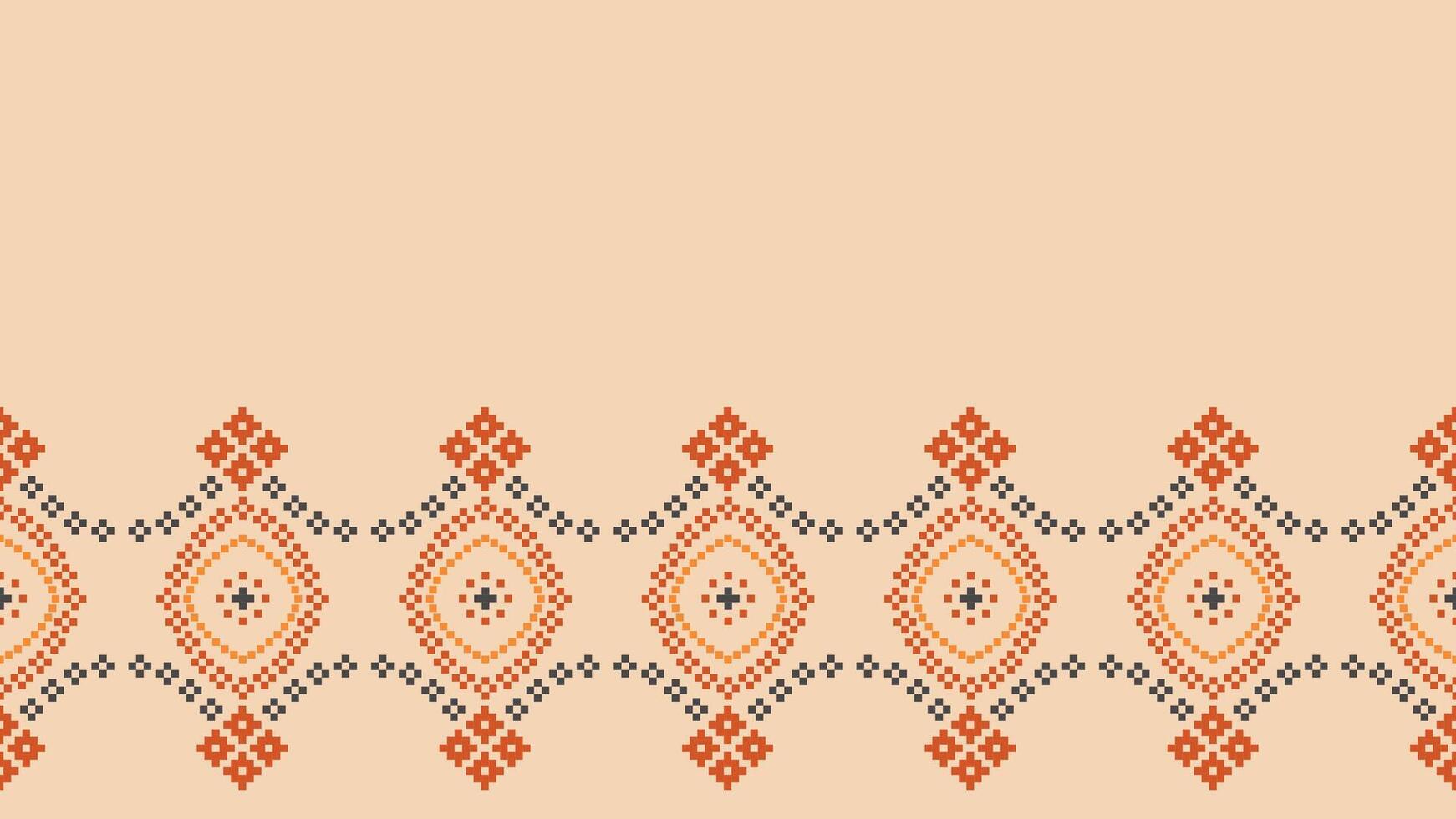 Traditional ethnic motifs ikat geometric fabric pattern cross stitch.Ikat embroidery Ethnic oriental Pixel brown cream background. Abstract,vector,illustration. Texture,scarf,decoration,wallpaper. vector