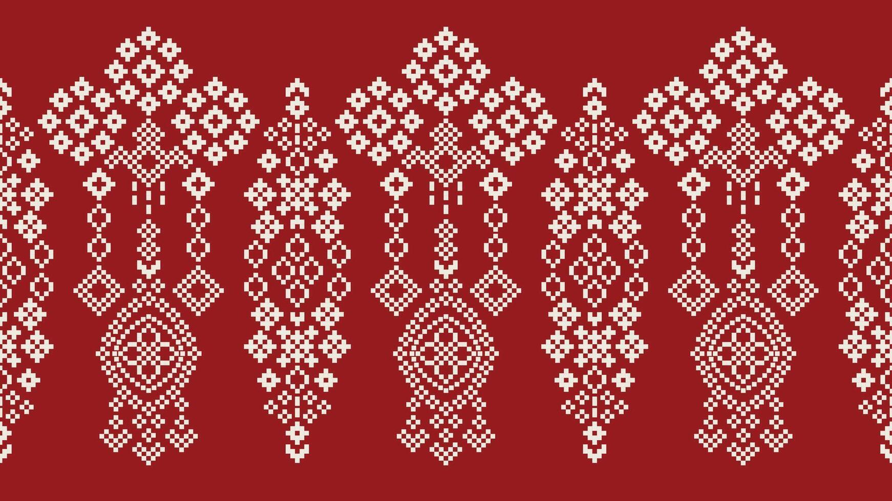 Traditional ethnic motifs ikat geometric fabric pattern cross stitch.Ikat embroidery Ethnic oriental Pixel red background. Abstract,vector,illustration. Texture,christmas,decoration,wallpaper. vector