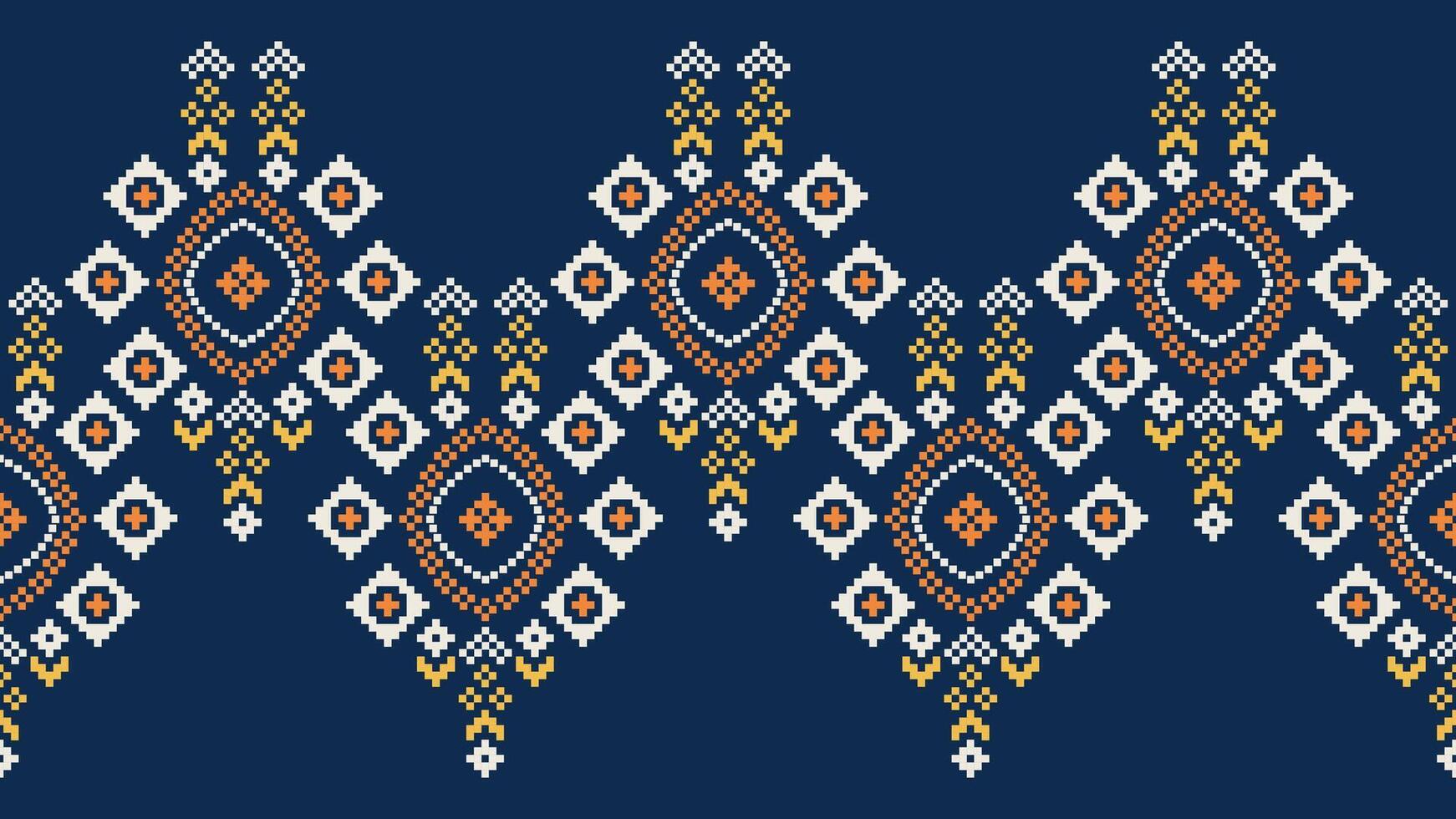 Traditional ethnic motifs ikat geometric fabric pattern cross stitch.Ikat embroidery Ethnic oriental Pixel navy blue background. Abstract,vector,illustration. Texture,scarf,decoration,wallpaper. vector