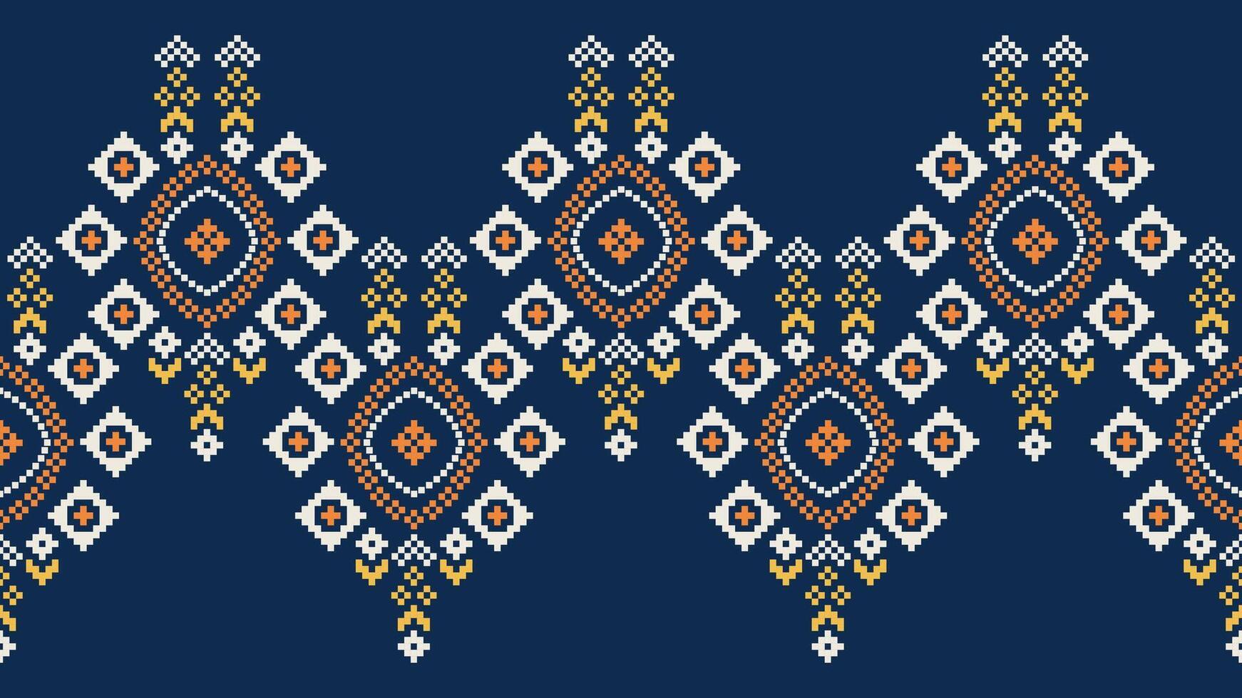 Traditional ethnic motifs ikat geometric fabric pattern cross stitch.Ikat embroidery Ethnic oriental Pixel navy blue background. Abstract,vector,illustration. Texture,scarf,decoration,wallpaper. vector