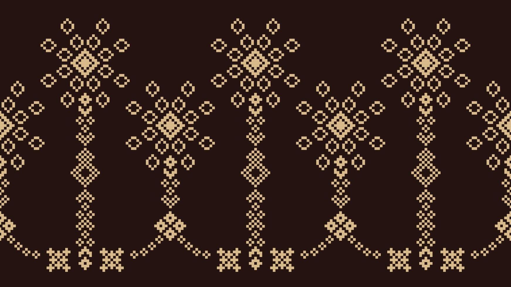Traditional ethnic motifs ikat geometric fabric pattern cross stitch.Ikat embroidery Ethnic oriental Pixel brown background. Abstract,vector,illustration. Texture,scarf,decoration,wallpaper. vector