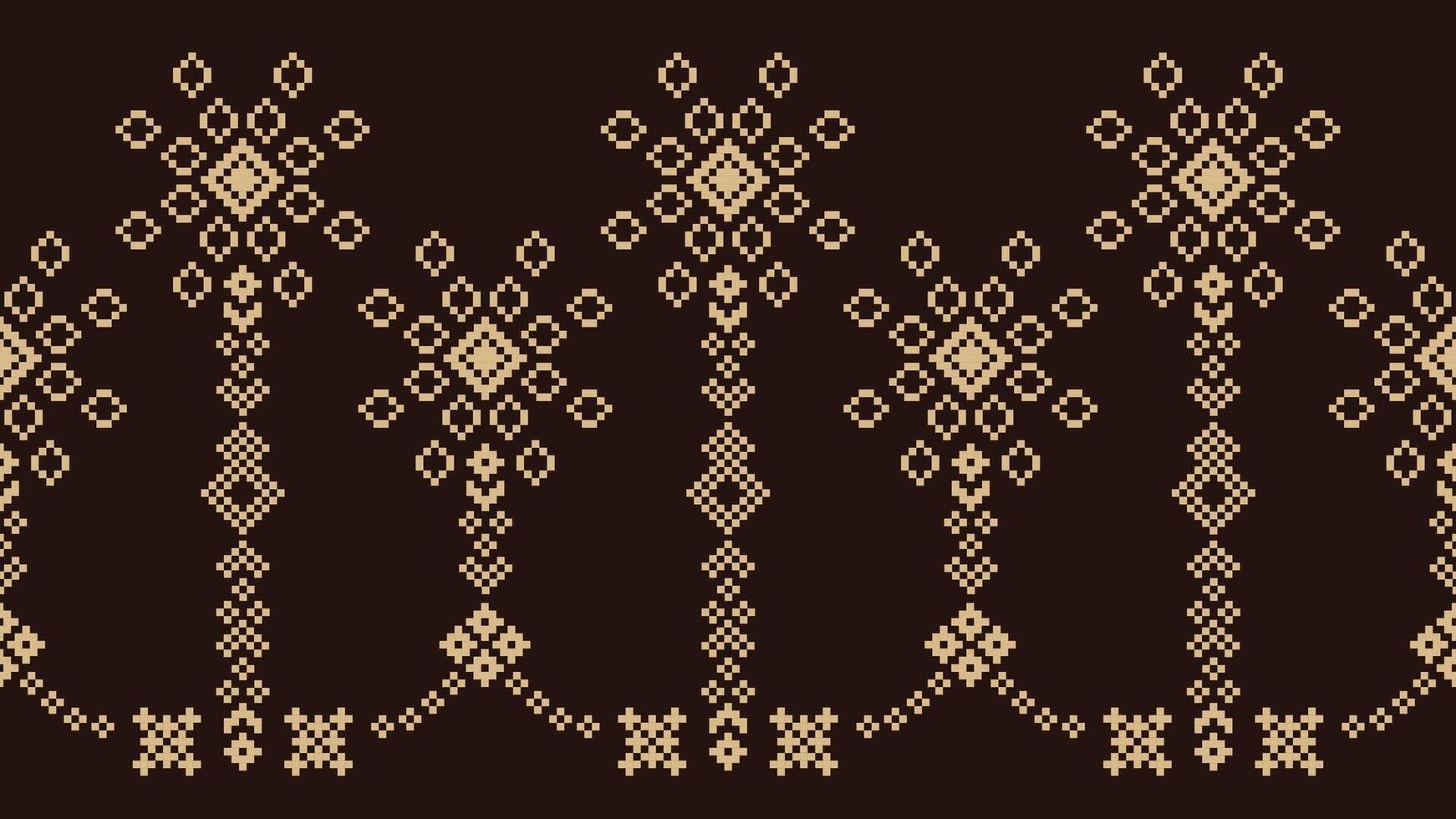 Traditional ethnic motifs ikat geometric fabric pattern cross stitch.Ikat embroidery Ethnic oriental Pixel brown background. Abstract,vector,illustration. Texture,scarf,decoration,wallpaper. vector