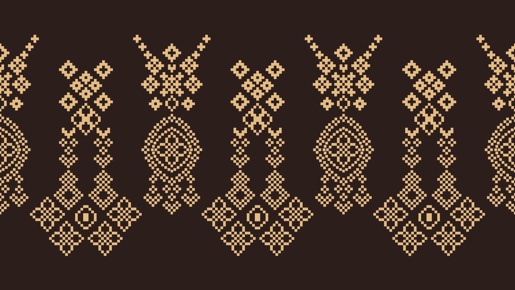 Traditional ethnic motifs ikat geometric fabric pattern cross stitch.Ikat embroidery Ethnic oriental Pixel brown background. Abstract,vector,illustration. Texture,scarf,decoration,wallpaper. vector