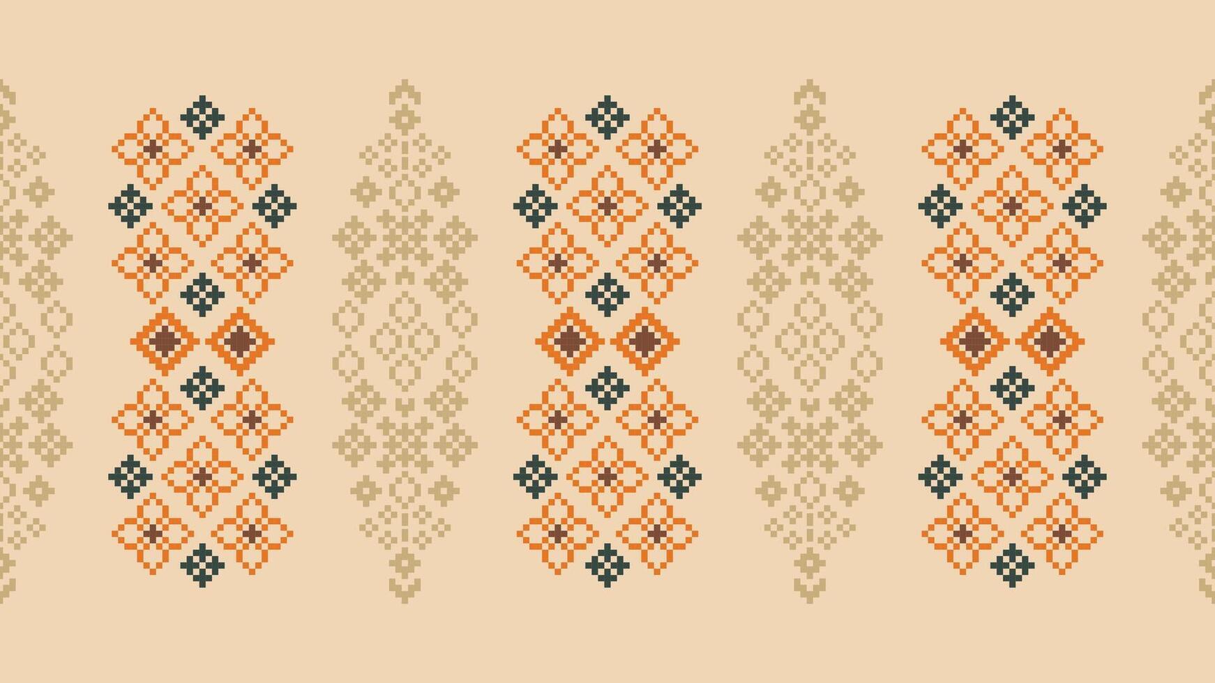 Traditional ethnic motifs ikat geometric fabric pattern cross stitch.Ikat embroidery Ethnic oriental Pixel brown cream background. Abstract,vector,illustration. Texture,scarf,decoration,wallpaper. vector