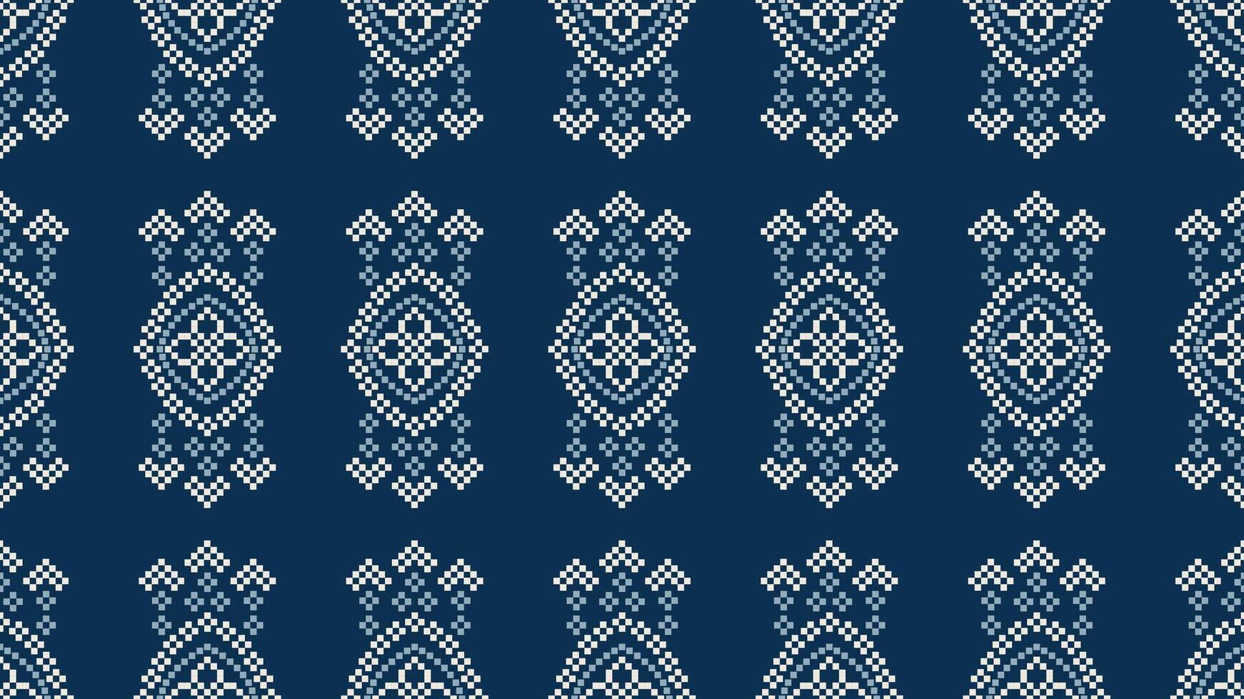 Traditional ethnic motifs ikat geometric fabric pattern cross stitch.Ikat embroidery Ethnic oriental Pixel navy blue background. Abstract,vector,illustration. Texture,scarf,decoration,wallpaper. vector