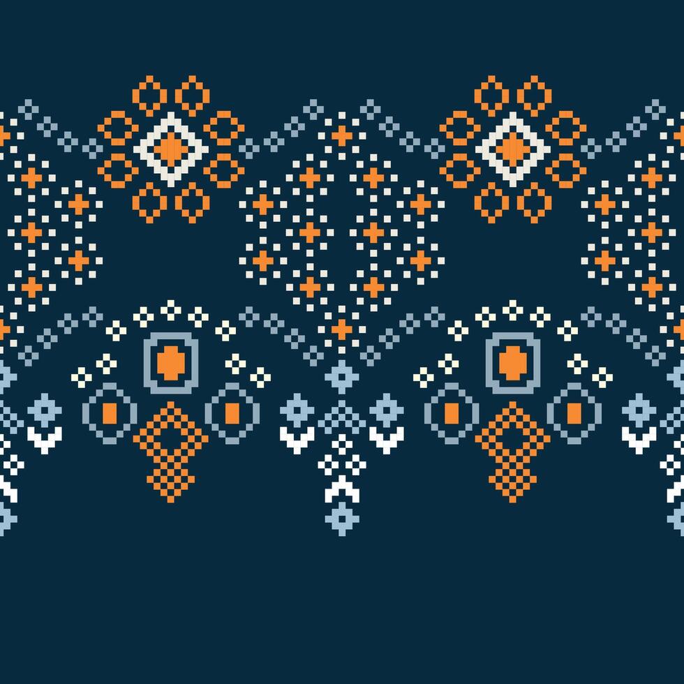 Traditional ethnic motifs ikat geometric fabric pattern cross stitch.Ikat embroidery Ethnic oriental Pixel navy blue background. Abstract,vector,illustration. Texture,scarf,decoration,wallpaper. vector