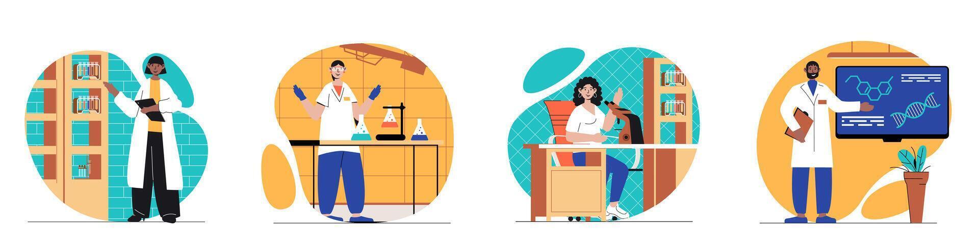 Laboratory concept with people scenes set in flat web design. Bundle of character situations with scientists experimenting and making scientific tests or medical analysis in lab. Vector illustrations.