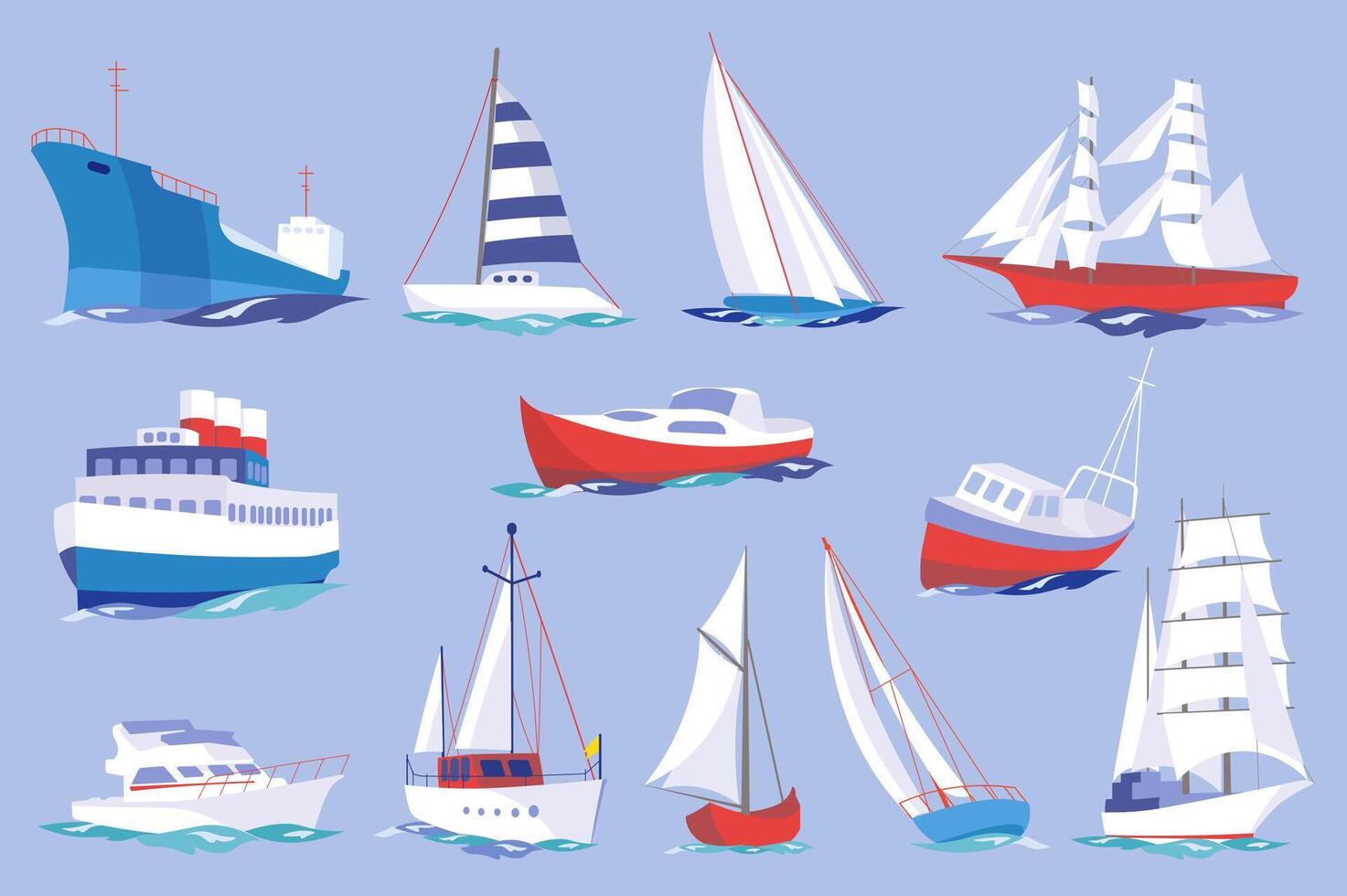 Water transport mega set elements in flat design. Bundle of cruise liner, ships, sailboats, frigate, yachts and other floating or shipping marine vehicles. Vector illustration isolated graphic objects