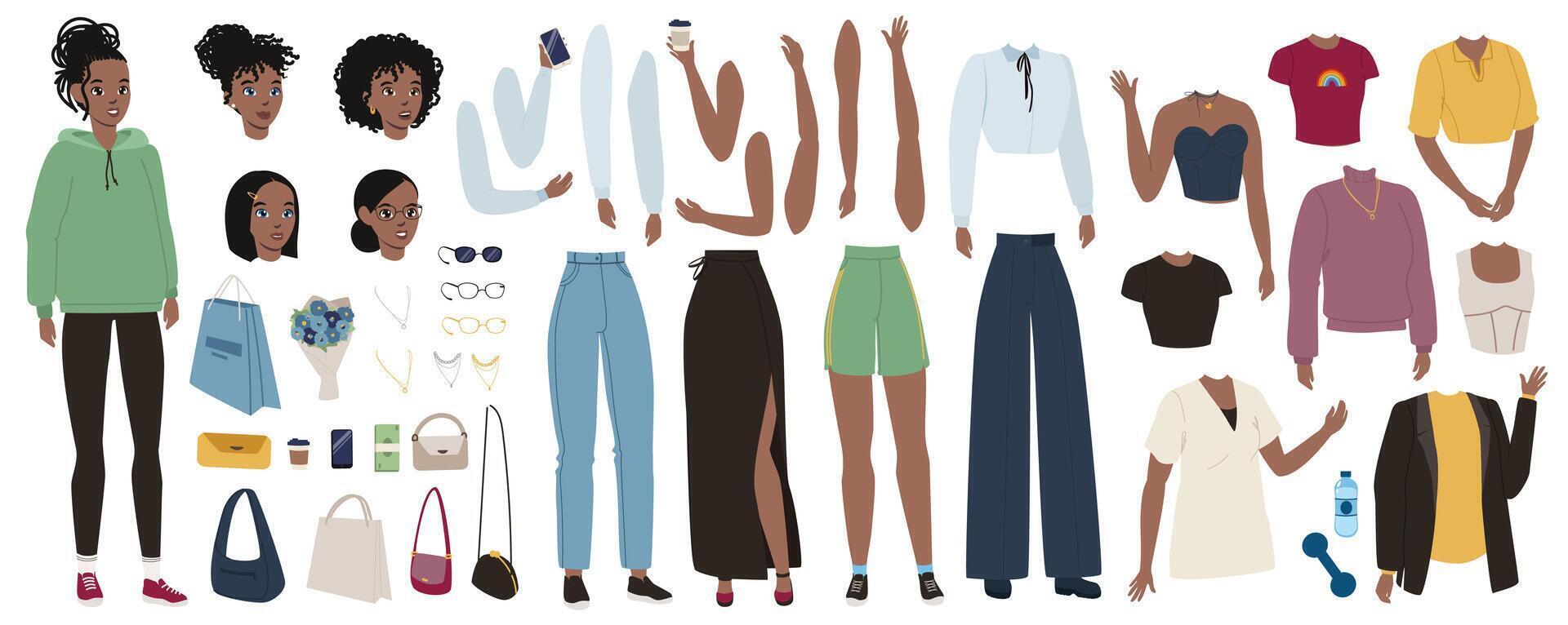 Woman character elements constructor mega set in flat graphic design. Creator kit with african american female, body legs and arms, hairstyles heads, clothes and accessories. Vector illustration.