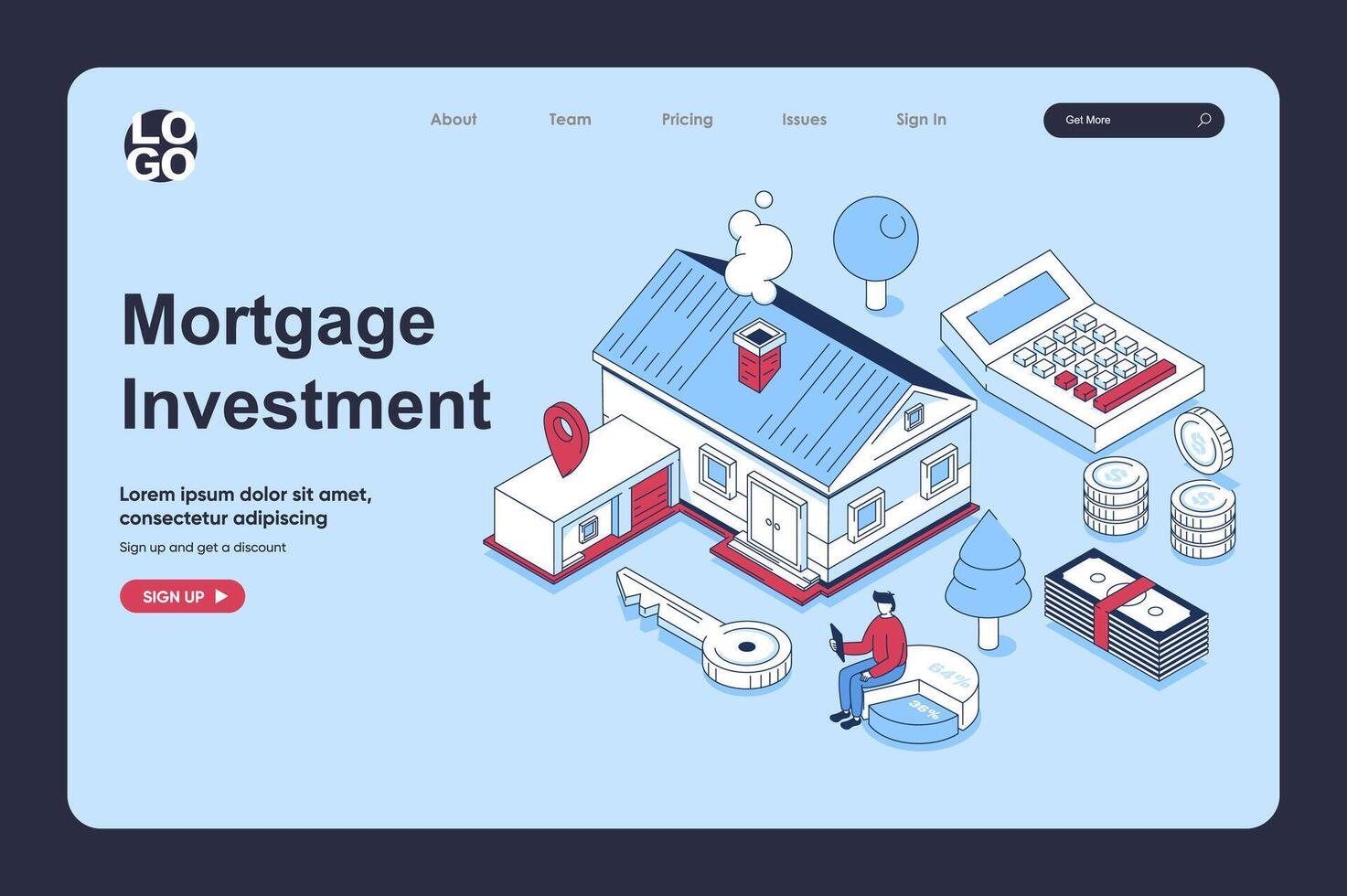 hipoteca inversión concepto en 3d isométrica diseño para aterrizaje página modelo. personas comprando nuevo casas, alojamiento departamento, invertir dinero en real bienes, poseer propiedad. vector ilustración para web