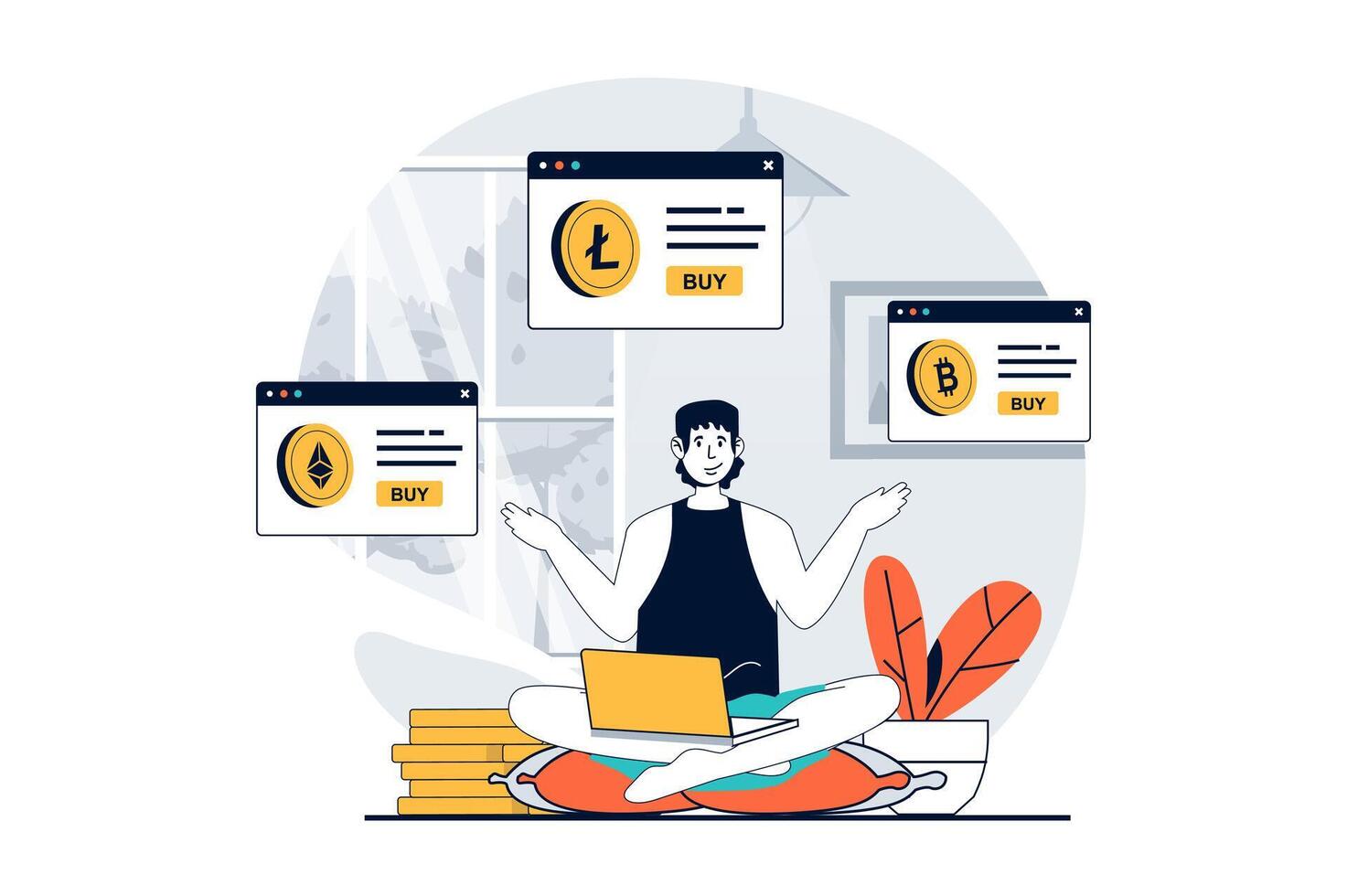 Cryptocurrency marketplace concept with people scene in flat design for web. Man buying different crypto coins for digital wallets. Vector illustration for social media banner, marketing material.