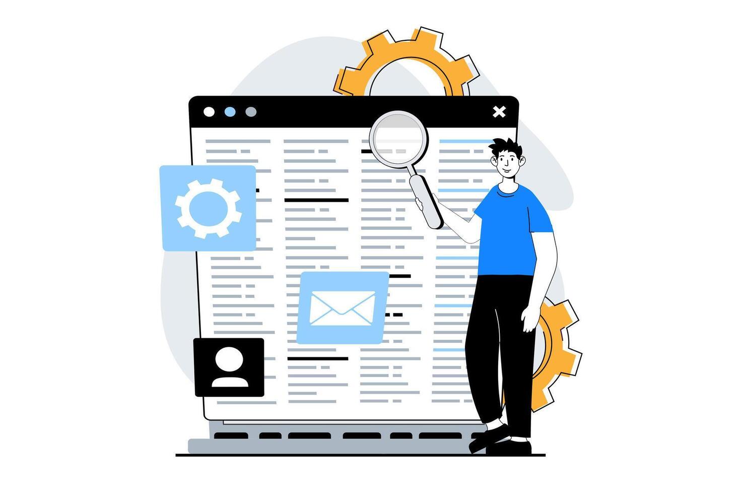 Web development concept with people scene in flat design. Man searching, settings and fixing bugs in programming code for layout. Vector illustration for social media banner, marketing material.