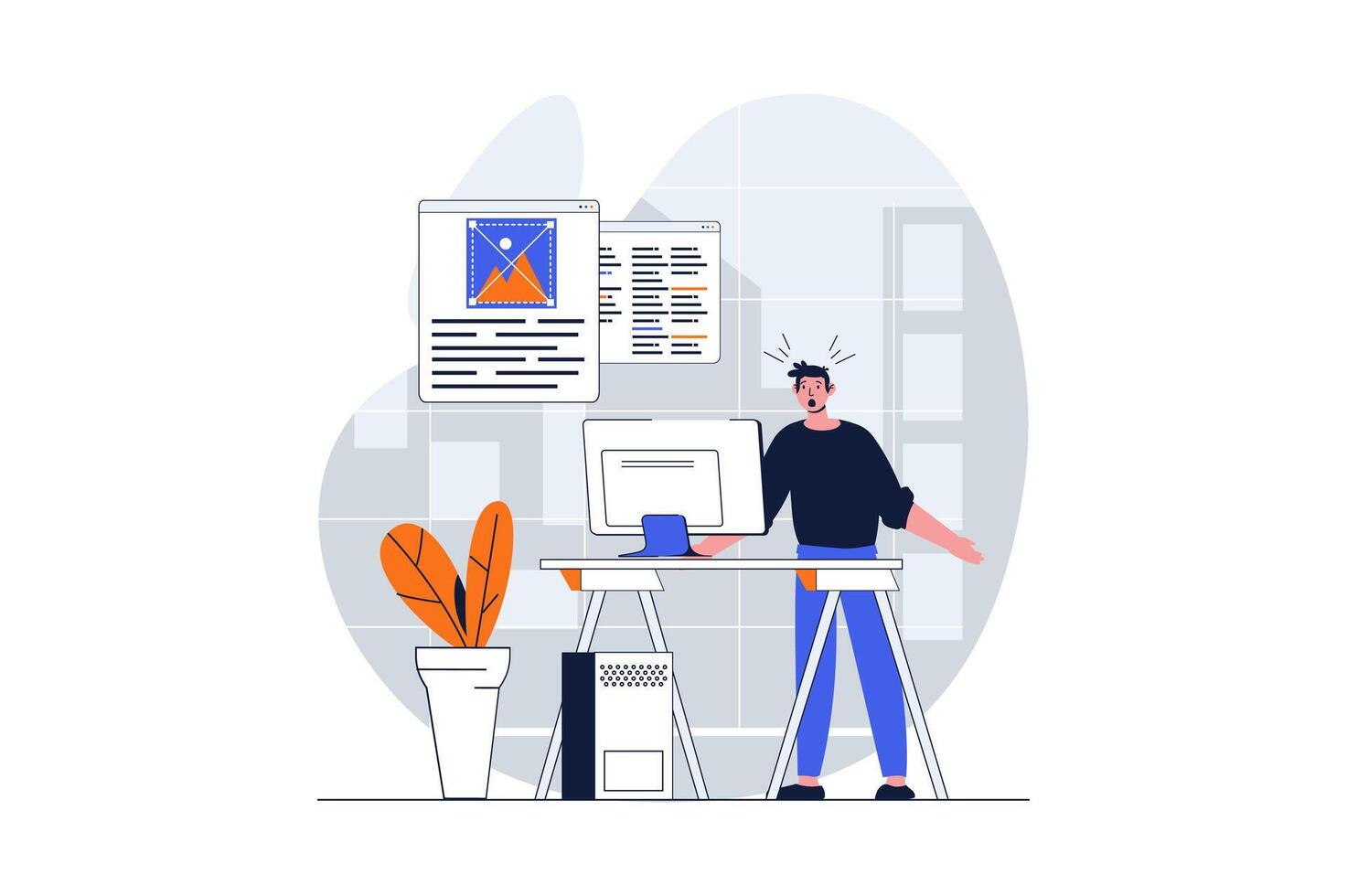 Web design concept with character scene. Man creating layouts and working with code, making optimization. People situation in flat design. Vector illustration for social media marketing material.