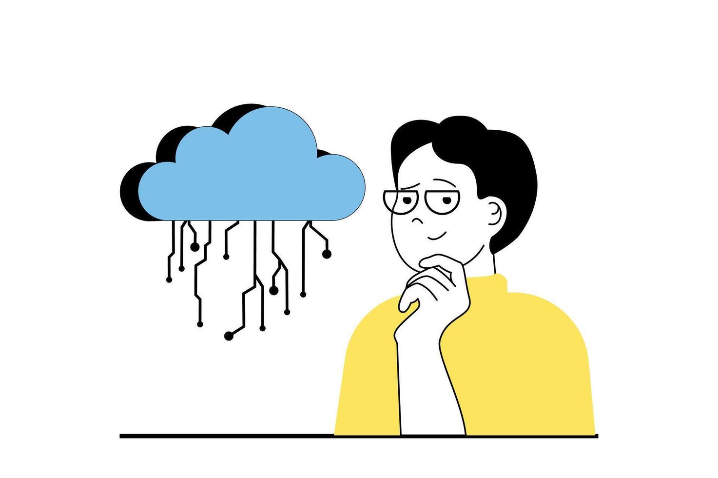 Cloud computing concept with people scene in flat web design. Man using cloud storage and processing with online database and hosting. Vector illustration for social media banner, marketing material.